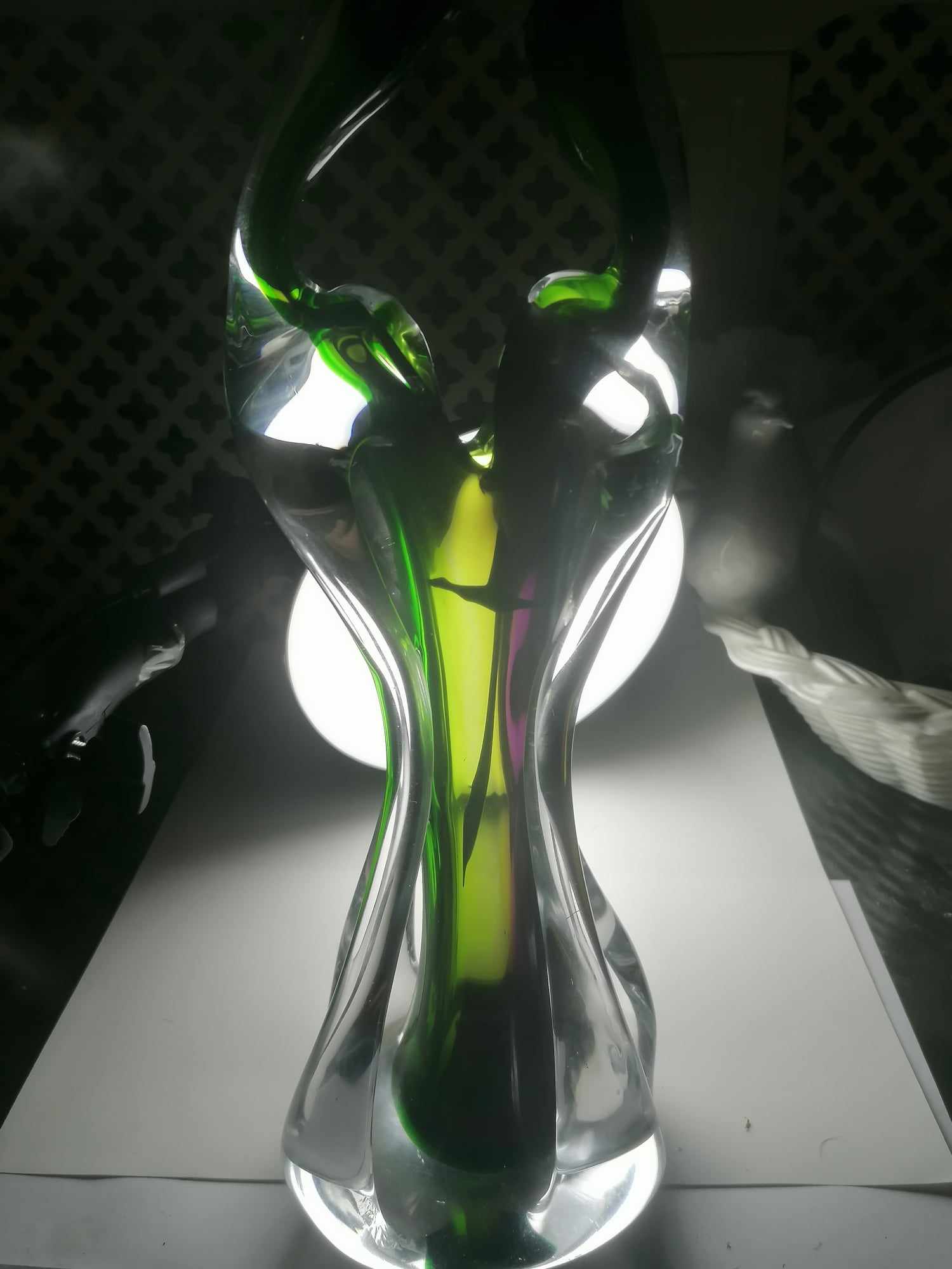 Murano Abstract Lover Embrace/One Love tall vase 35cm high 2 Kilos weight No chips or cracks iin Green Clear and Purple