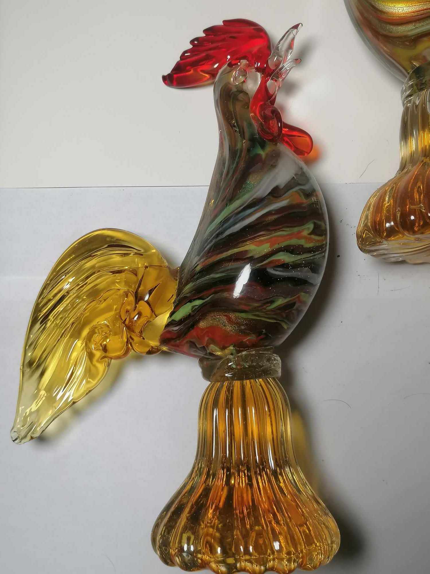 Murano Adveturia Pair of Cockerels Very colourful pics dont do these justice 23 & 20cm tall No chips or Cracks
