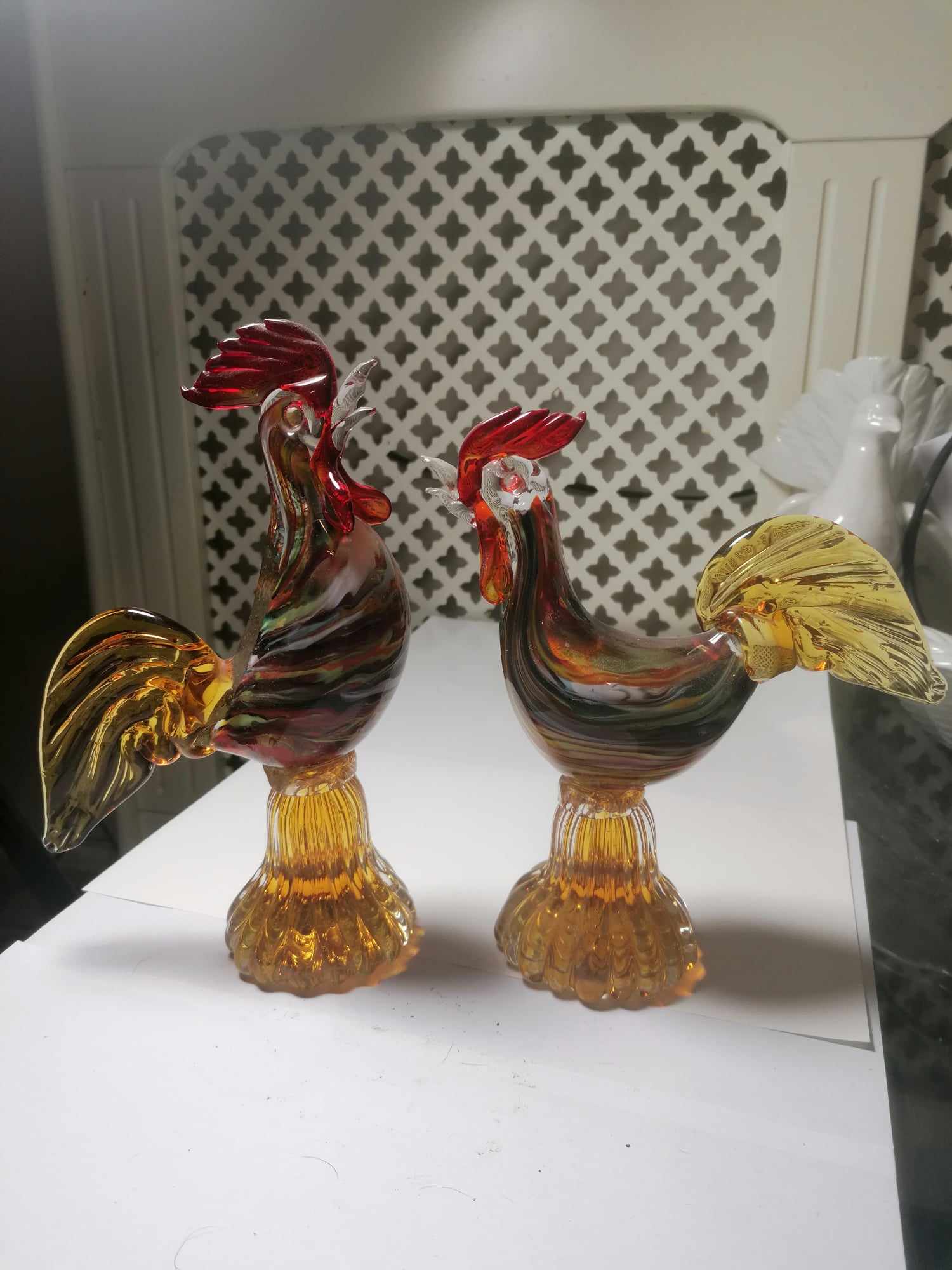 Murano Adveturia Pair of Cockerels Very colourful pics dont do these justice 23 & 20cm tall No chips or Cracks