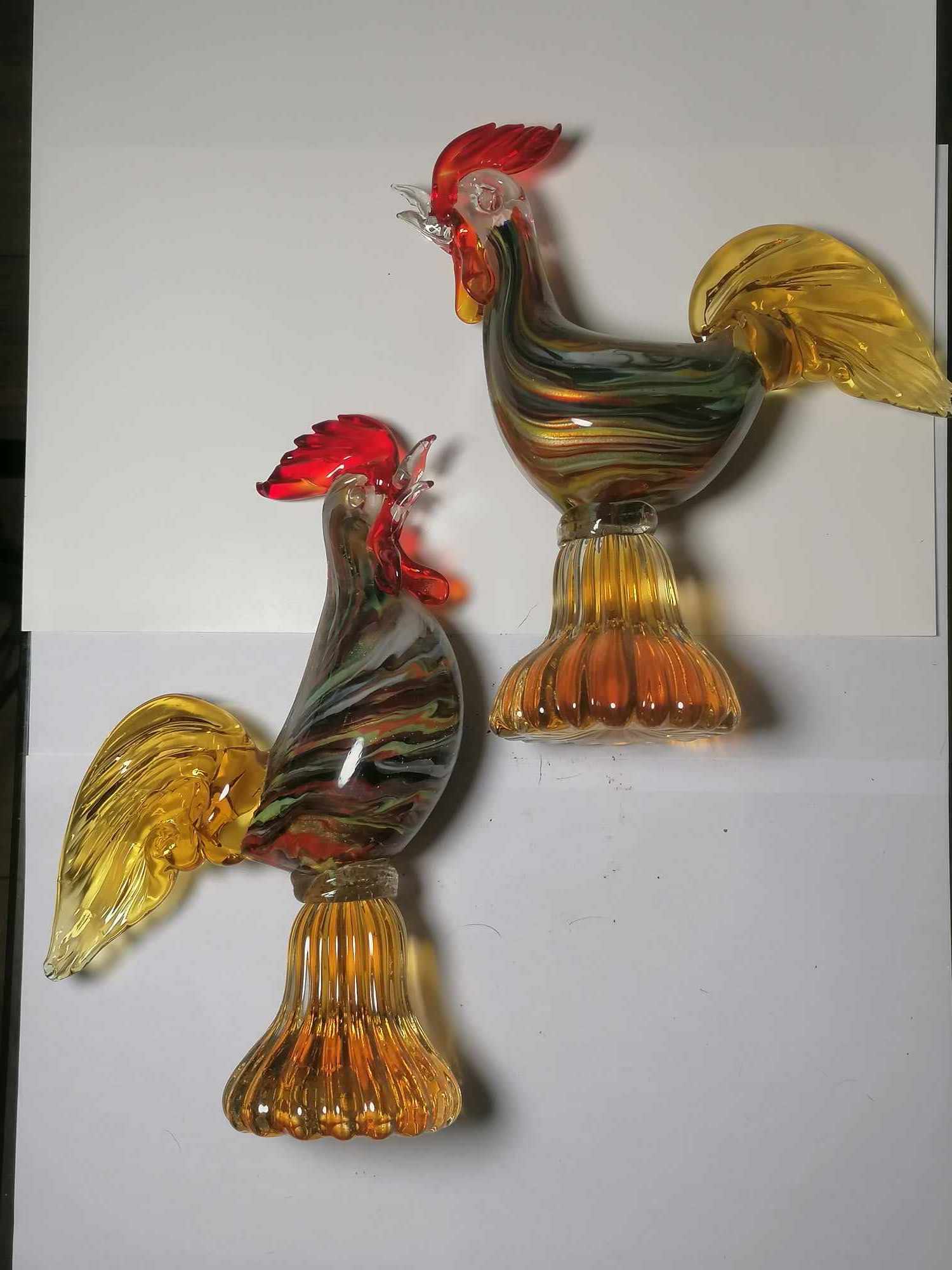 Murano Adveturia Pair of Cockerels Very colourful pics dont do these justice 23 & 20cm tall No chips or Cracks