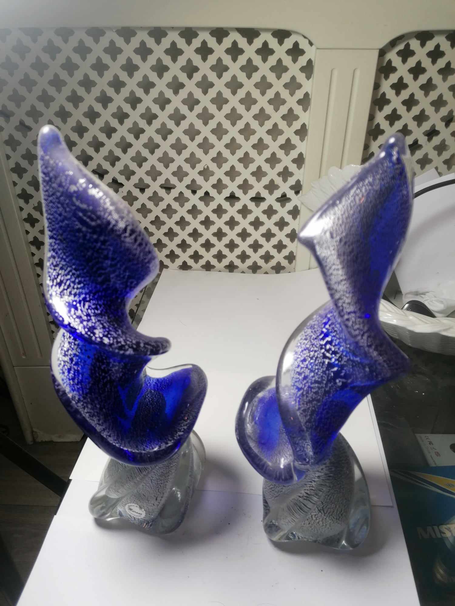 Murano Twist Sculpture pair by Zane both Signed on bottom 32cm High 2.1 Kilos each Bright blue with real silver flecks