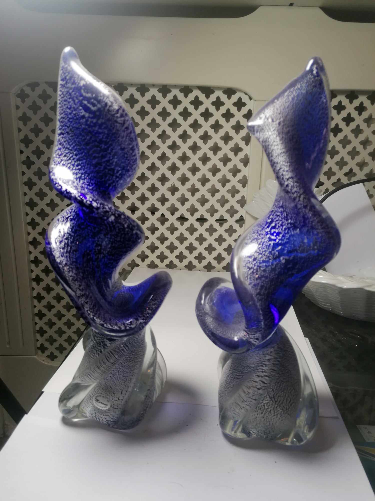 Murano Twist Sculpture pair by Zane both Signed on bottom 32cm High 2.1 Kilos each Bright blue with real silver flecks