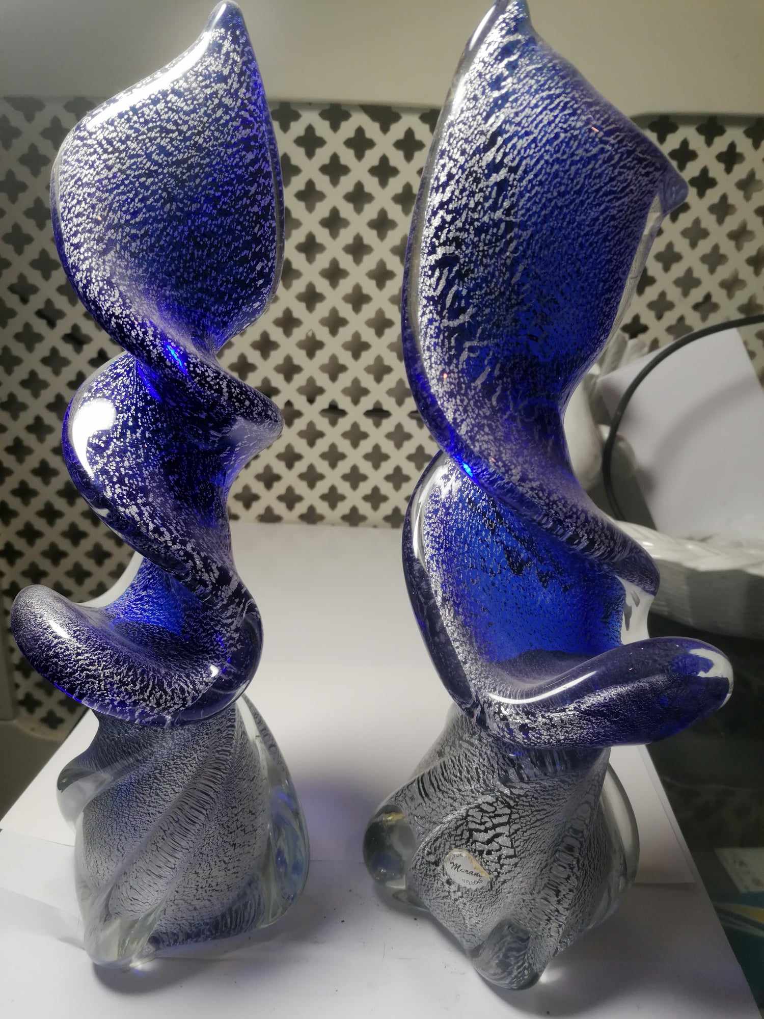 Murano Twist Sculpture pair by Zane both Signed on bottom 32cm High 2.1 Kilos each Bright blue with real silver flecks