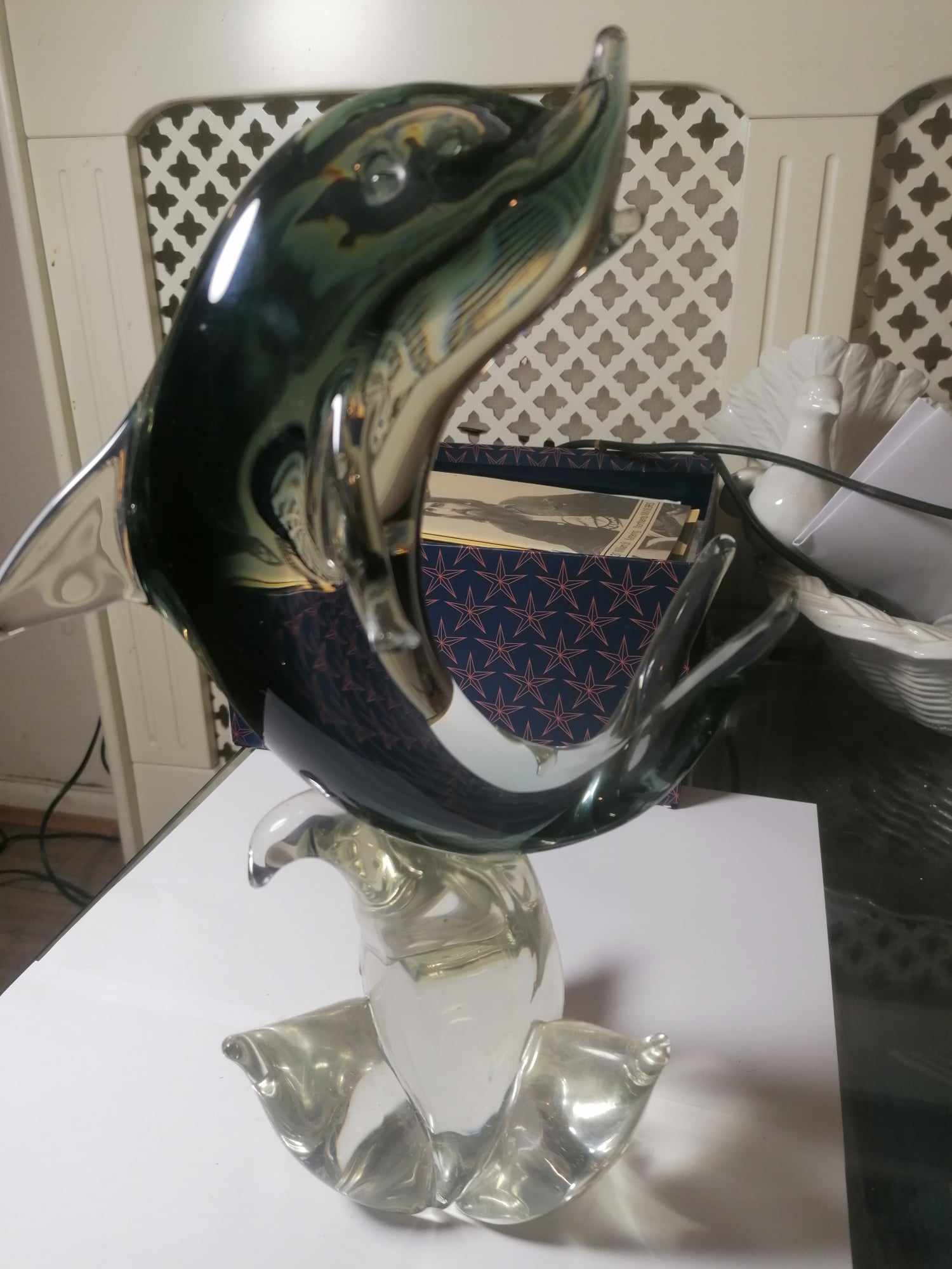 Murano Dolphin Black and Clear Slight nips to the ends of the flippers 30cm 2.3 Kilos