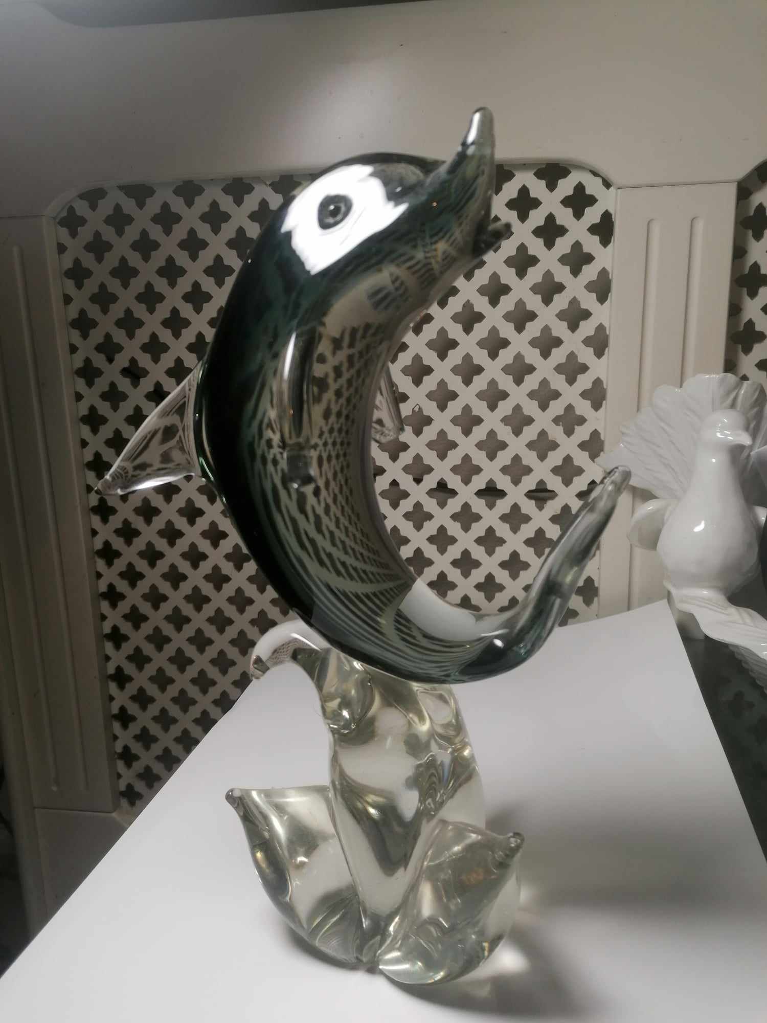 Murano Dolphin Black and Clear Slight nips to the ends of the flippers 30cm 2.3 Kilos