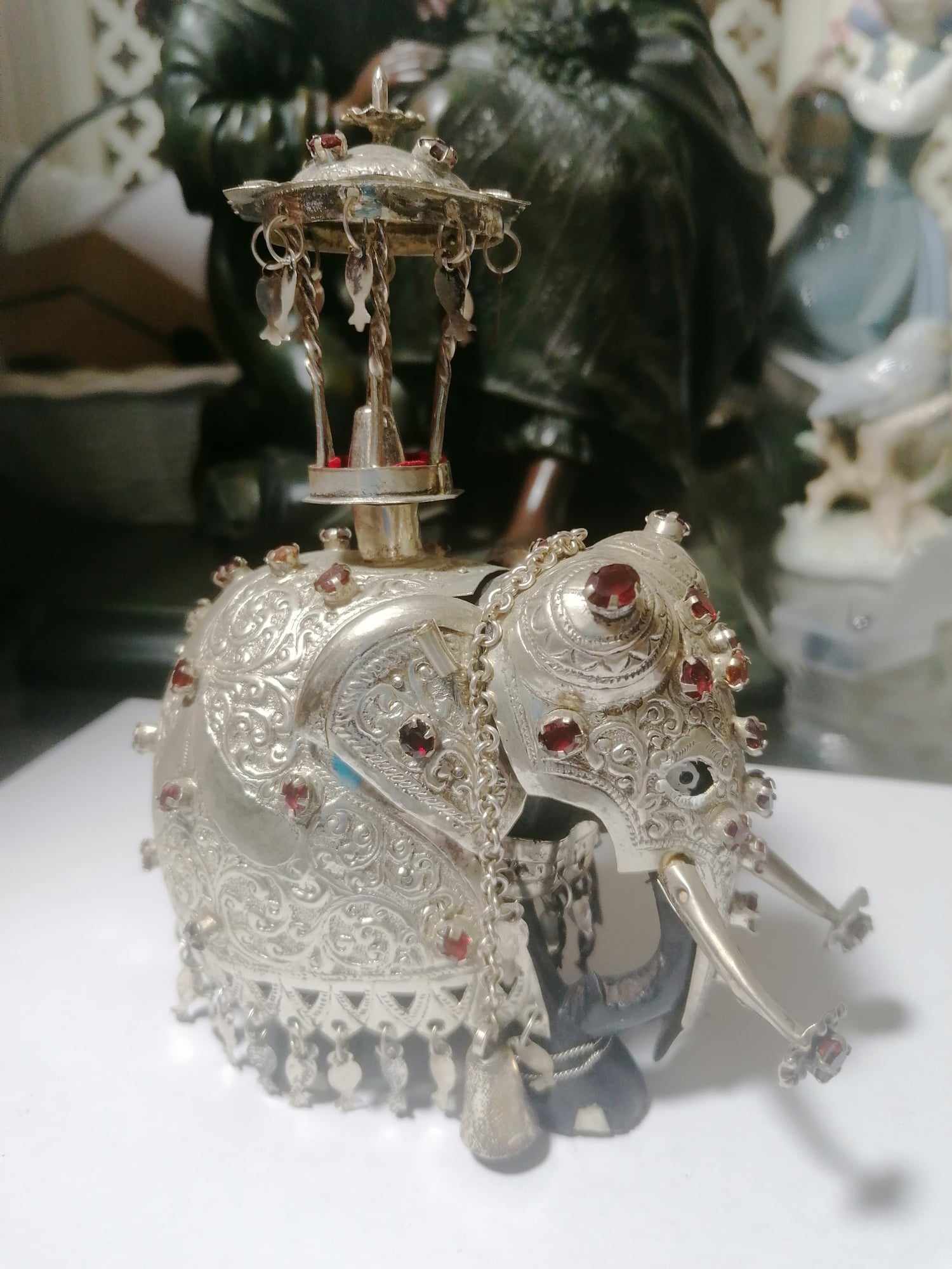 Indian/Sri Lankan Perehera Elephant in Ebony and Silver or Silver Gilt stands 4" 