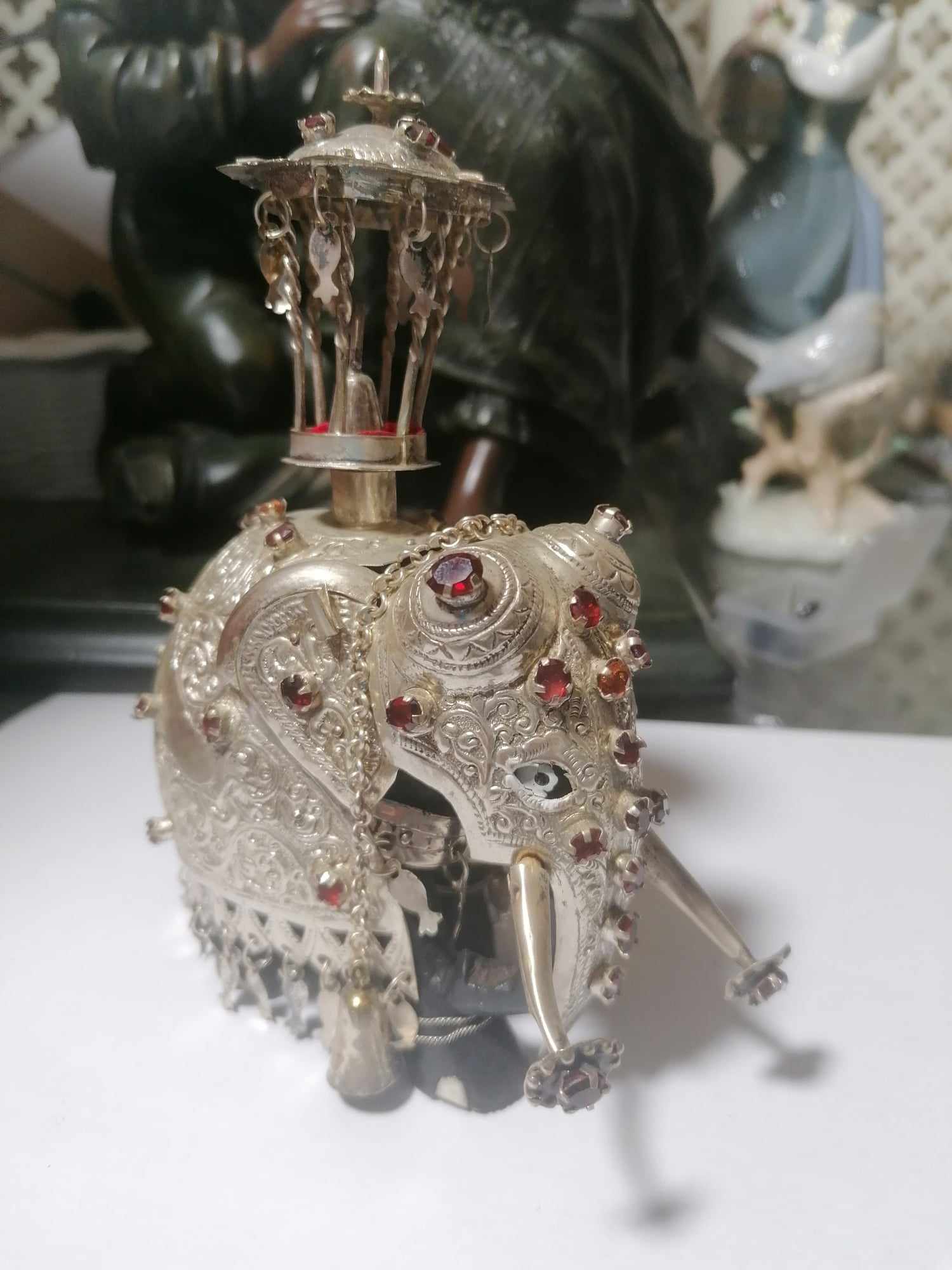 Indian/Sri Lankan Perehera Elephant in Ebony and Silver or Silver Gilt stands 4" 