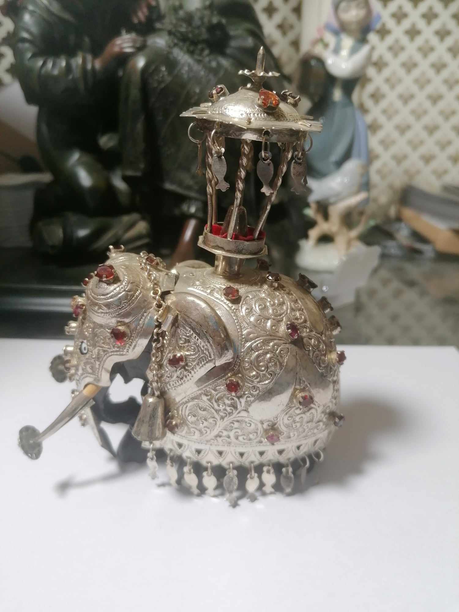 Indian/Sri Lankan Perehera Elephant in Ebony and Silver or Silver Gilt stands 4" 