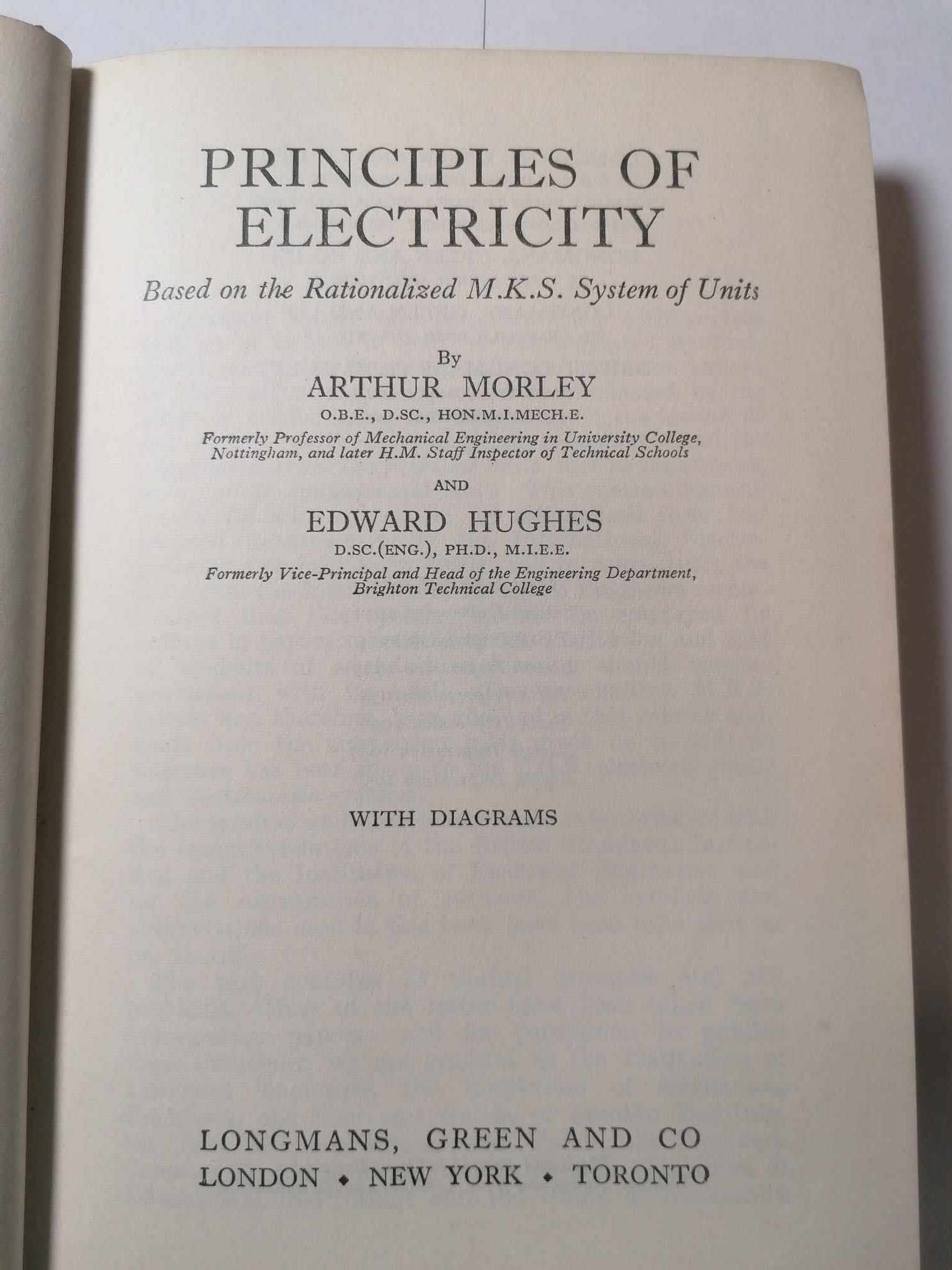 Principles Of Electricity In M.K.S. Units, Arthur Morley & Edward Hughes 1958