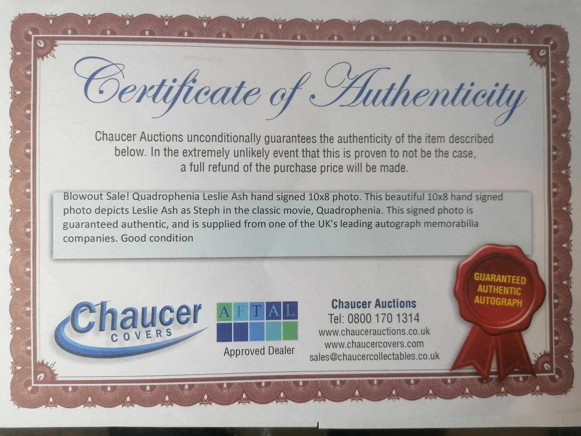 QUADROPHENIA PHOTO CARD WITH LESLIE ASH AUTOGRAPH AND COA as new