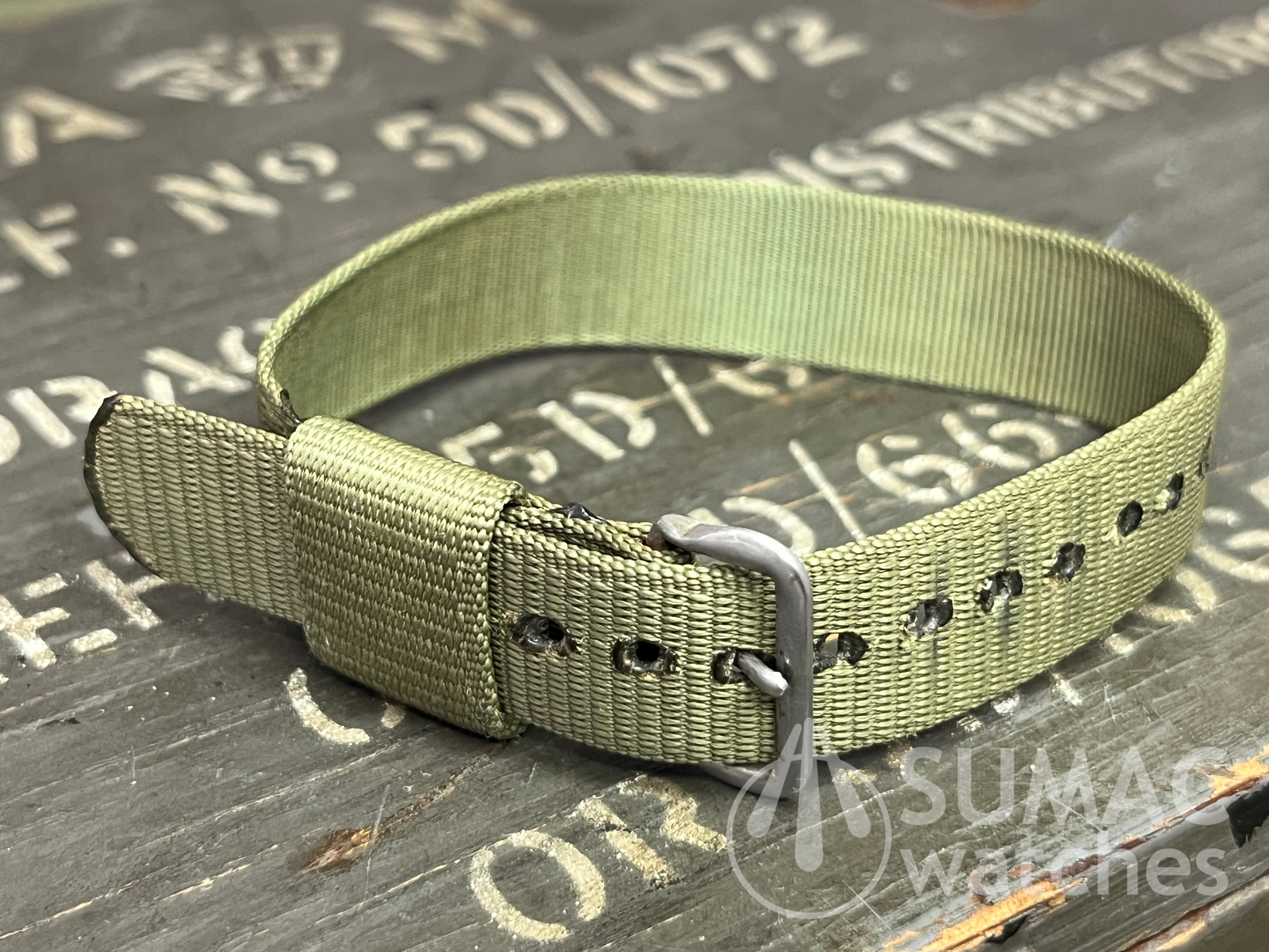 Vintage 1965 US Government issue olive green strap (ref# 35)