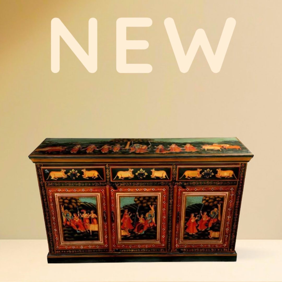 Wooden Hand Painted Krishna Pichwai Side Cupboard