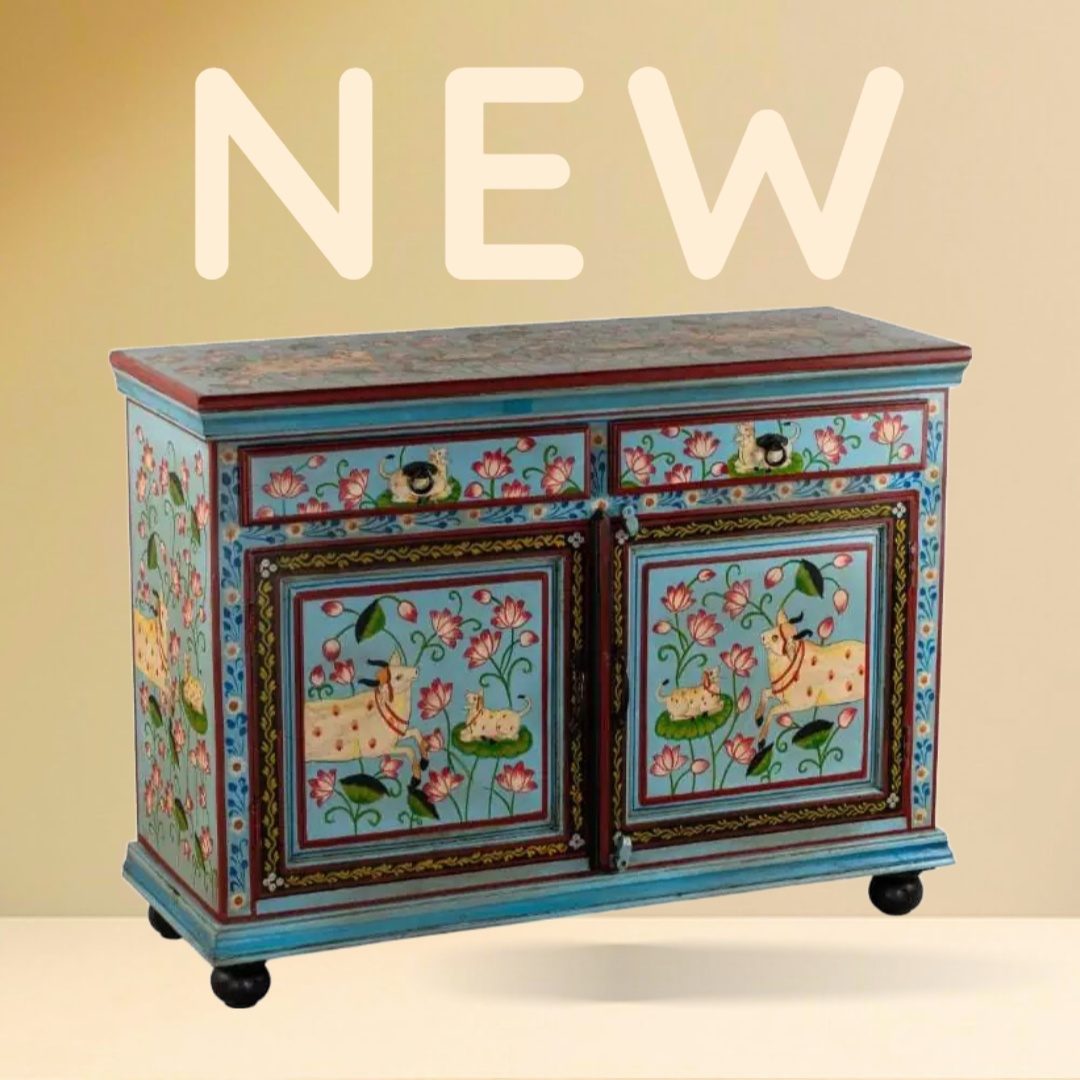 Wooden Hand Painted Sky Blue Color Pichwai Side Cupboard