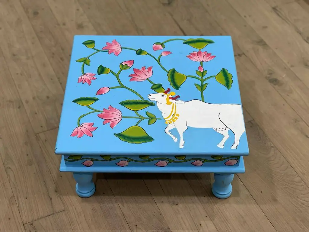 Wooden Hand painted sky blue color chowki / Bajot