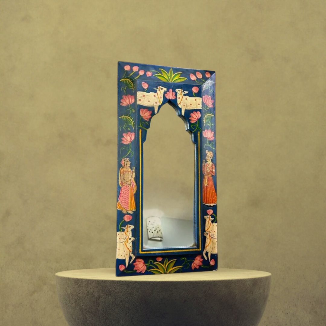 Wooden Frame Pichwai Art Mirror Blue Color