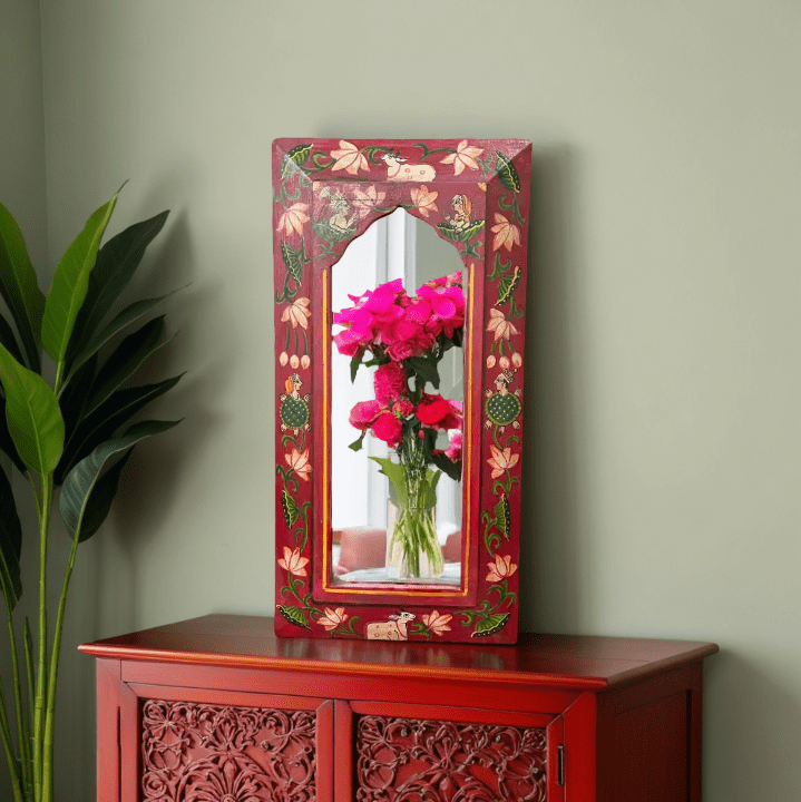 Wooden Frame Pichwai Art Mirror Red Color