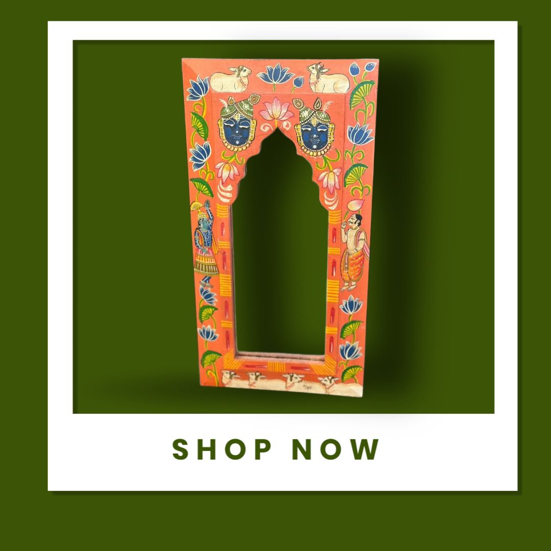 Wooden Frame Pichwai Art Mirror Orange Color