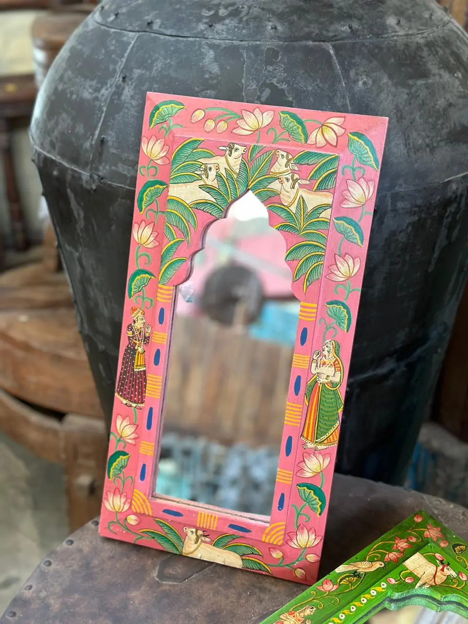 Wooden Frame Pichwai Art Mirror Jamun Color