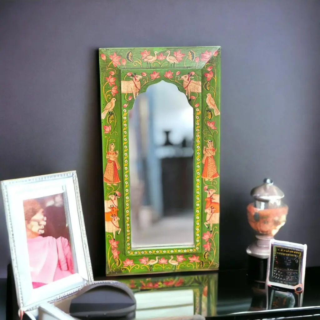 Wooden Frame Pichwai Art Mirror Green Color
