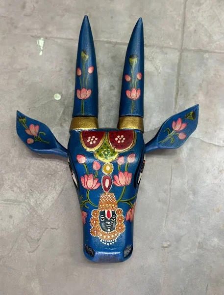 Wooden Cow Face Hand Painted Wall Art Blue Color