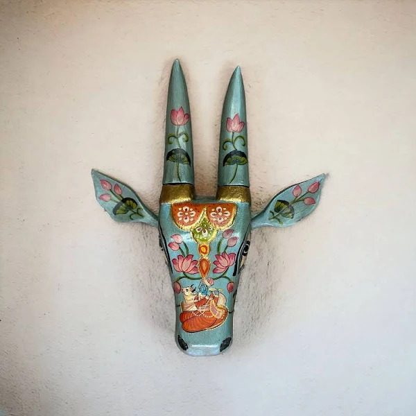 Wooden Cow Face Hand Painted Wall Art Sky blue Color