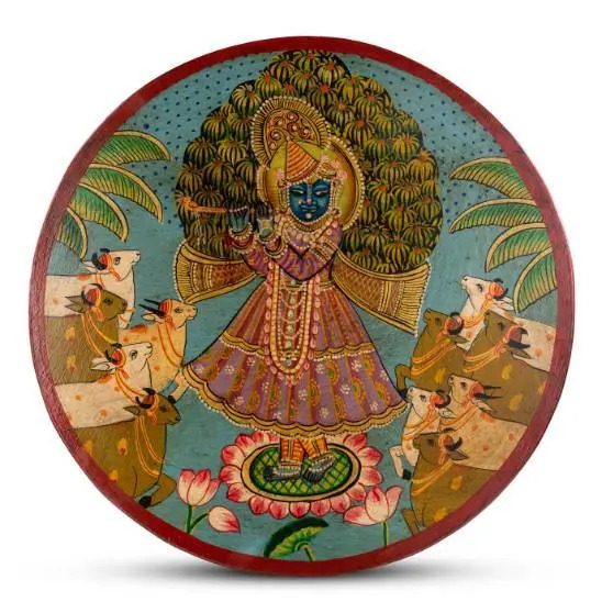 Hand Painted Wooden Wall Plate featuring Shrinathji and Cows