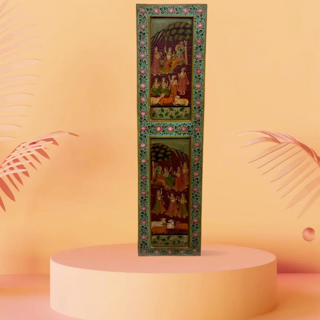 Vintage Hand Painted Teak Wood Door - Vrindavan