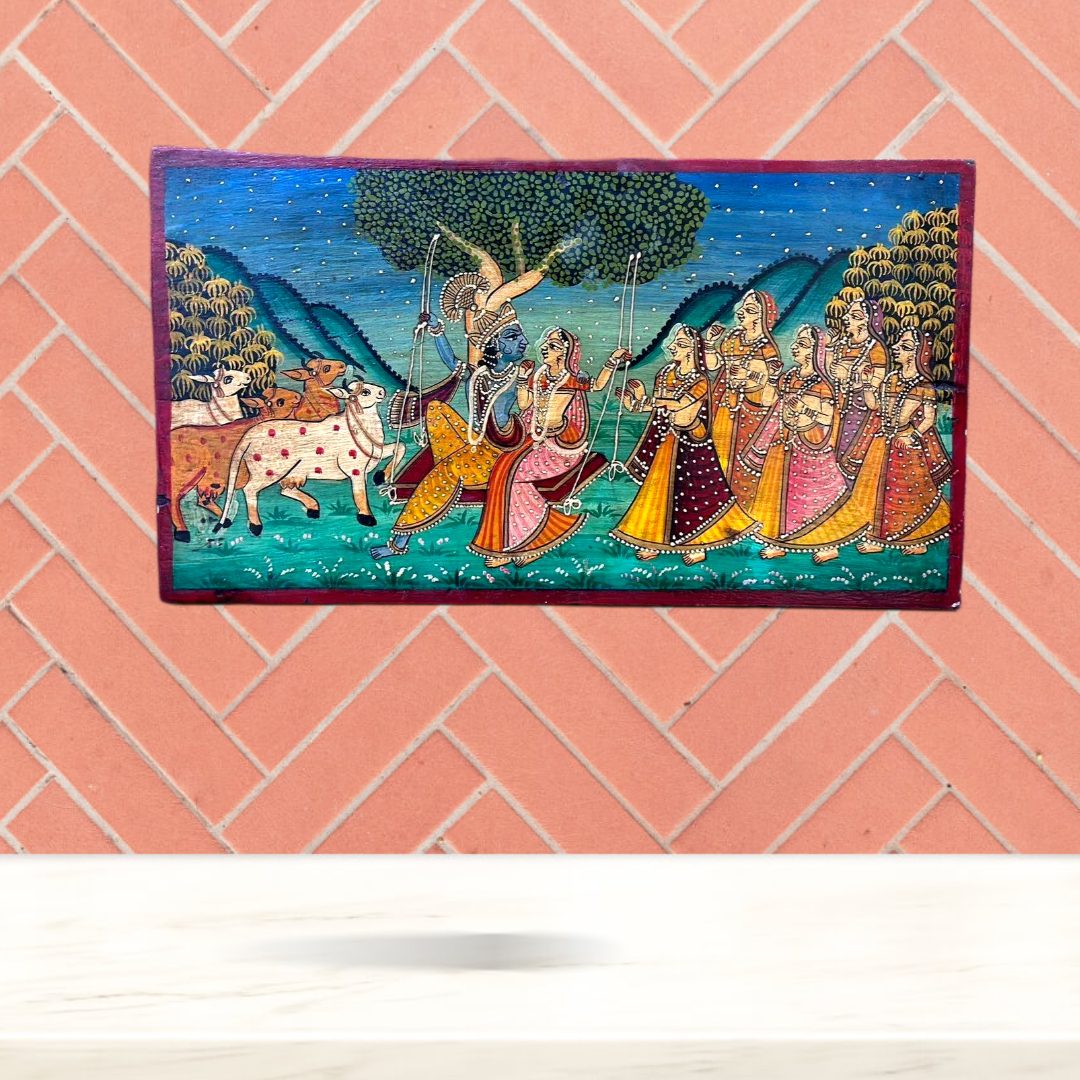 Radha Krishna Hand Painted Wooden Wall Panel