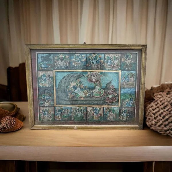 Antique Lord Krishna Painting in Vintage Teak Frame