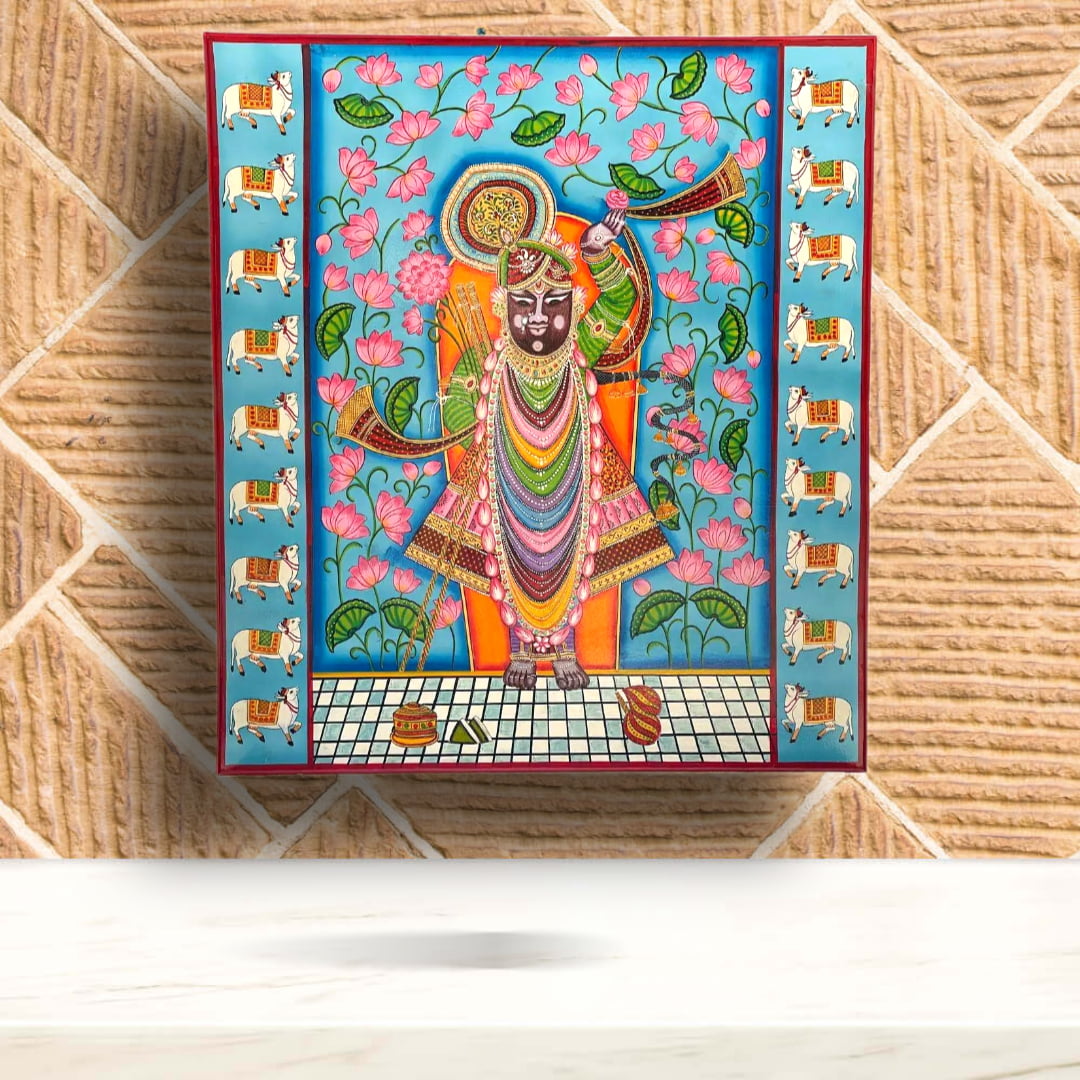 Traditional Pichwai Painting on Wooden Frame: Shrinathji