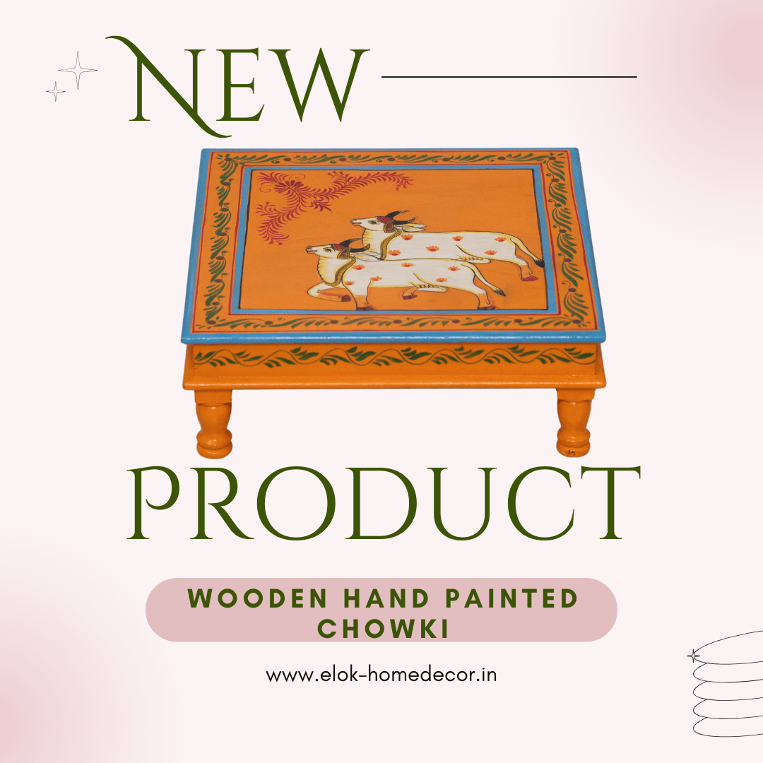 Hand painted pichwai art orange color chowki / Bajot