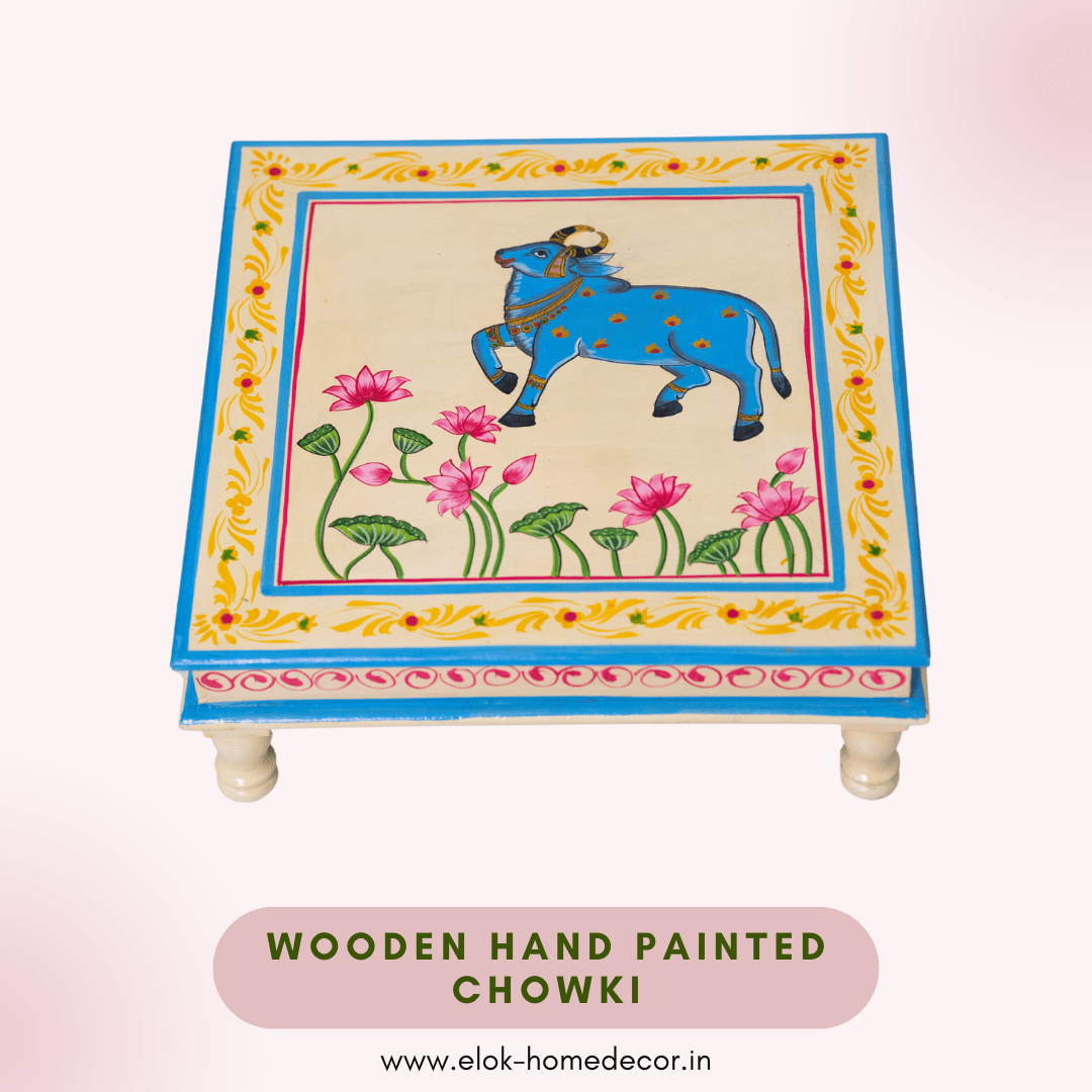 Hand painted pichwai art cream color chowki / Bajot