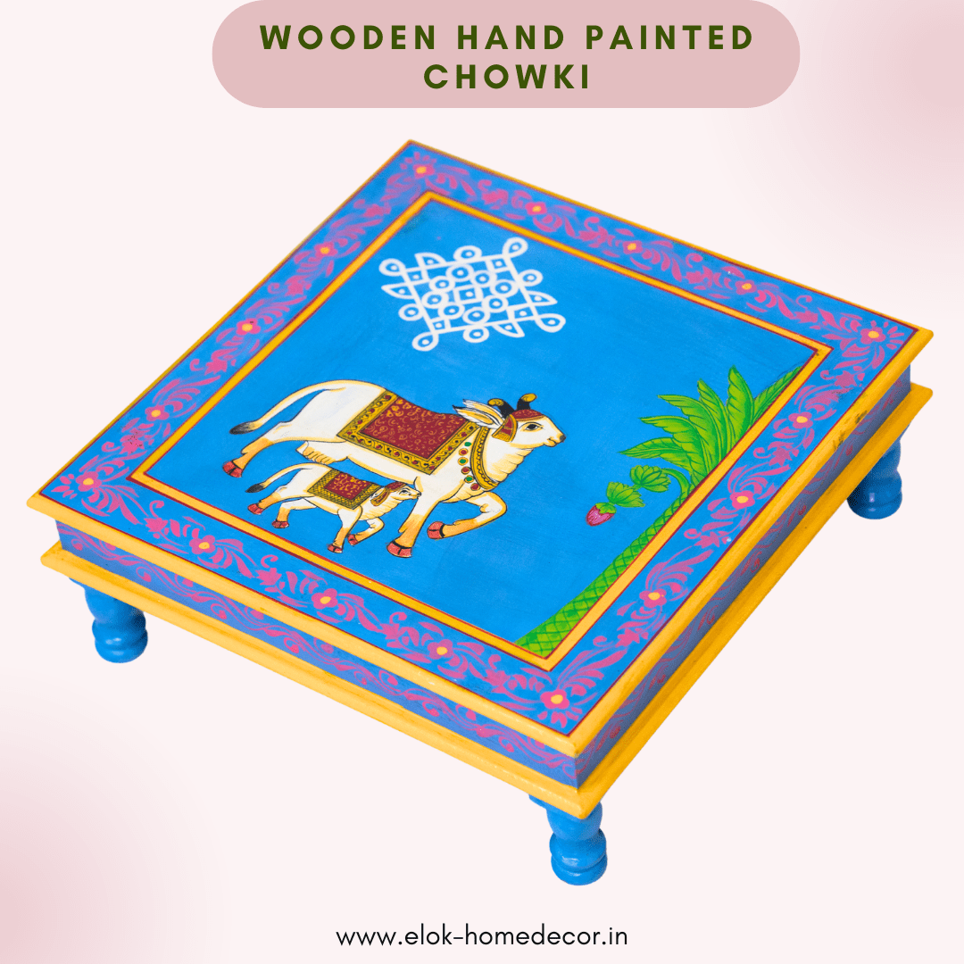 Hand painted cow & calf pichwai art sky blue color chowki / Bajot