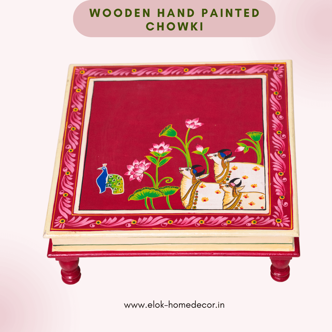 Hand painted pichwai art maroon color chowki / Bajot