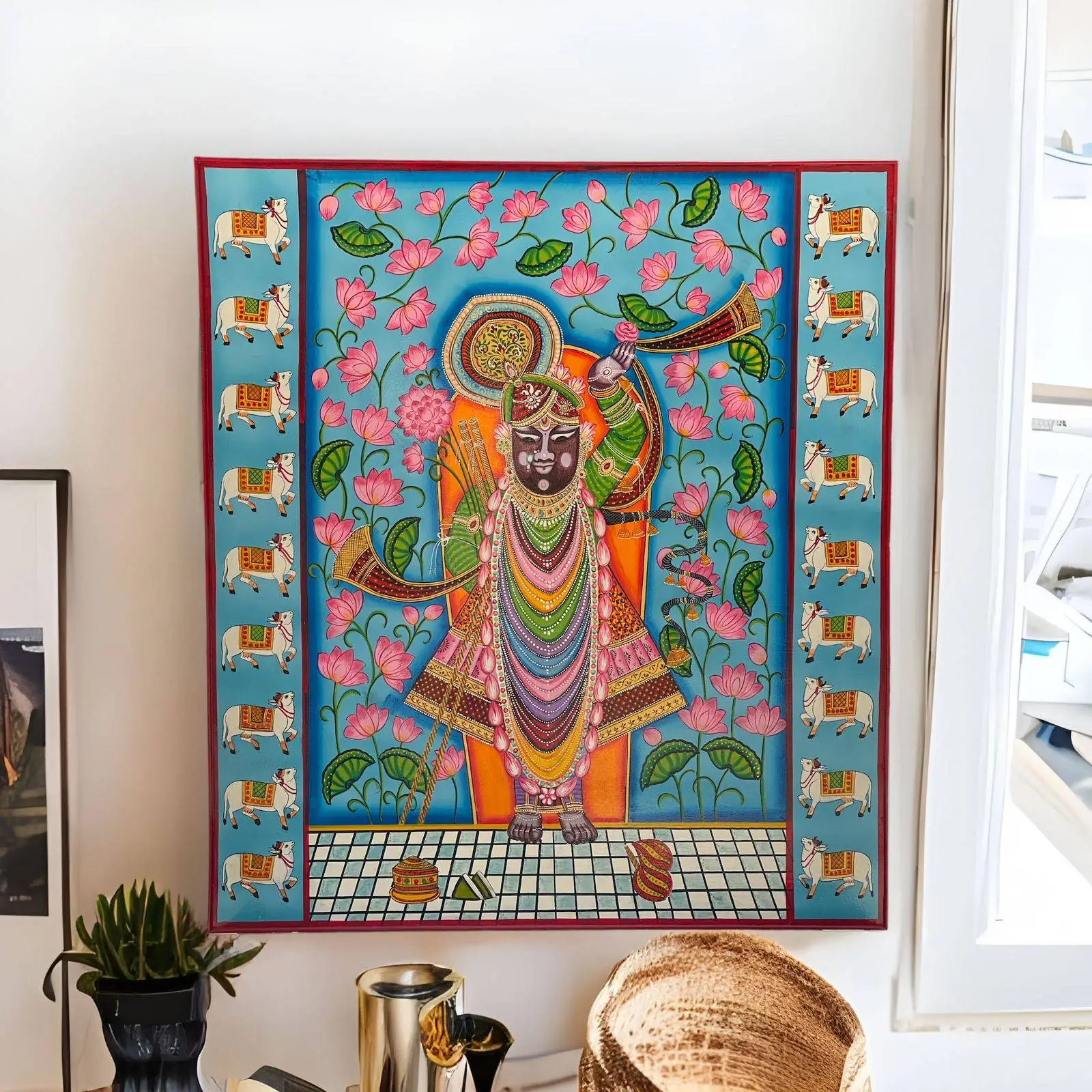 Traditional Pichwai Painting on Wooden Frame: Shrinathji