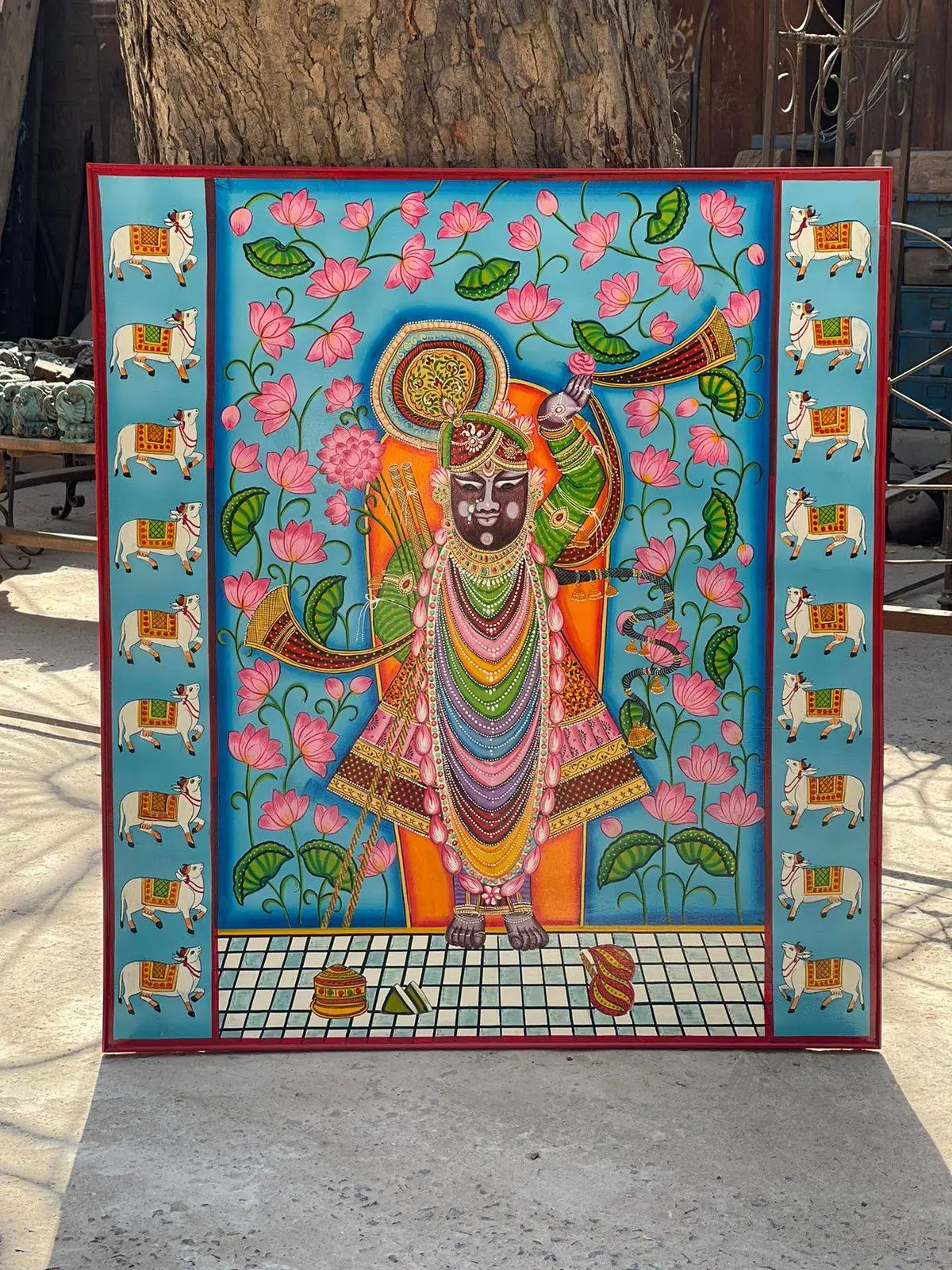 Traditional Pichwai Painting on Wooden Frame: Shrinathji