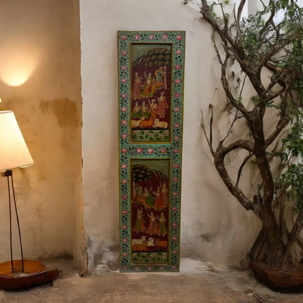 Vintage Hand Painted Teak Wood Door - Vrindavan