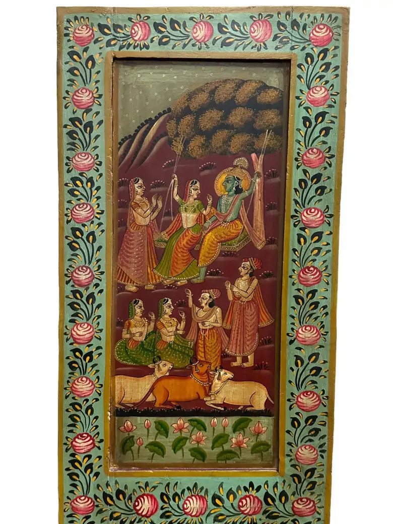 Vintage Hand Painted Teak Wood Door - Vrindavan