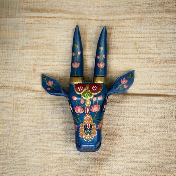 Wooden Cow Face Hand Painted Wall Art Blue Color