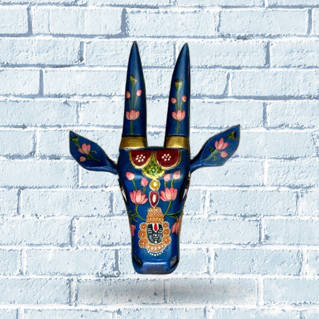 Wooden Cow Face Hand Painted Wall Art Blue Color