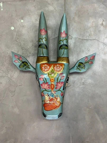 Wooden Cow Face Hand Painted Wall Art Sky blue Color