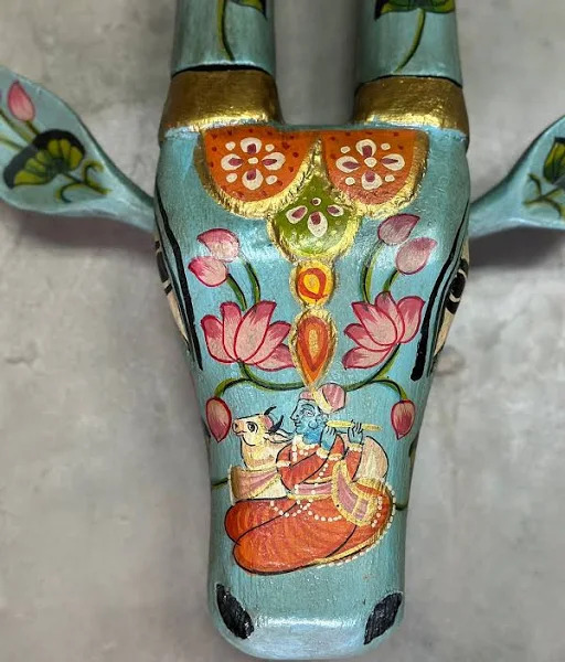 Wooden Cow Face Hand Painted Wall Art Sky blue Color