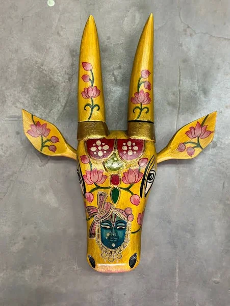 Wooden Cow Face Hand Painted Wall Art Yellow Color