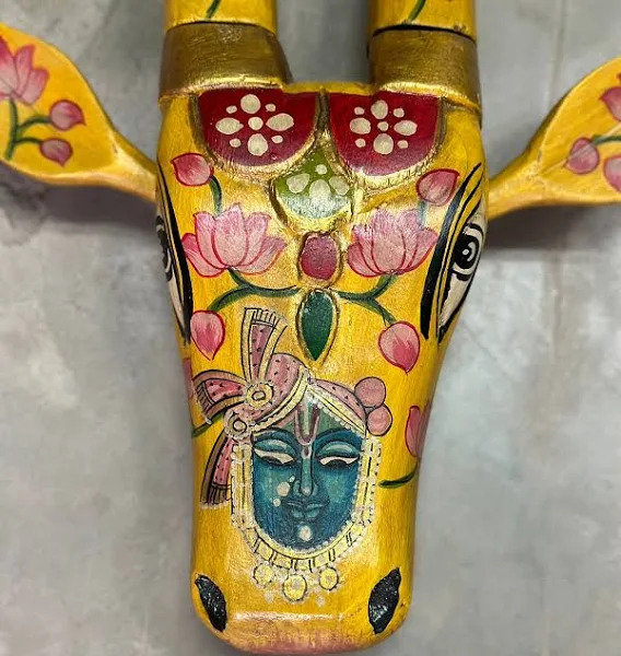 Wooden Cow Face Hand Painted Wall Art Yellow Color