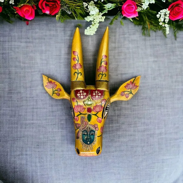 Wooden Cow Face Hand Painted Wall Art Yellow Color