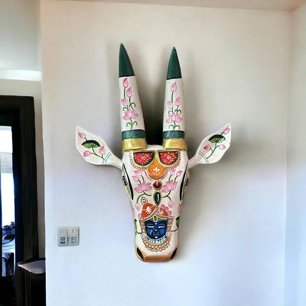 Wooden Cow Face Hand Painted Wall Panel White Color