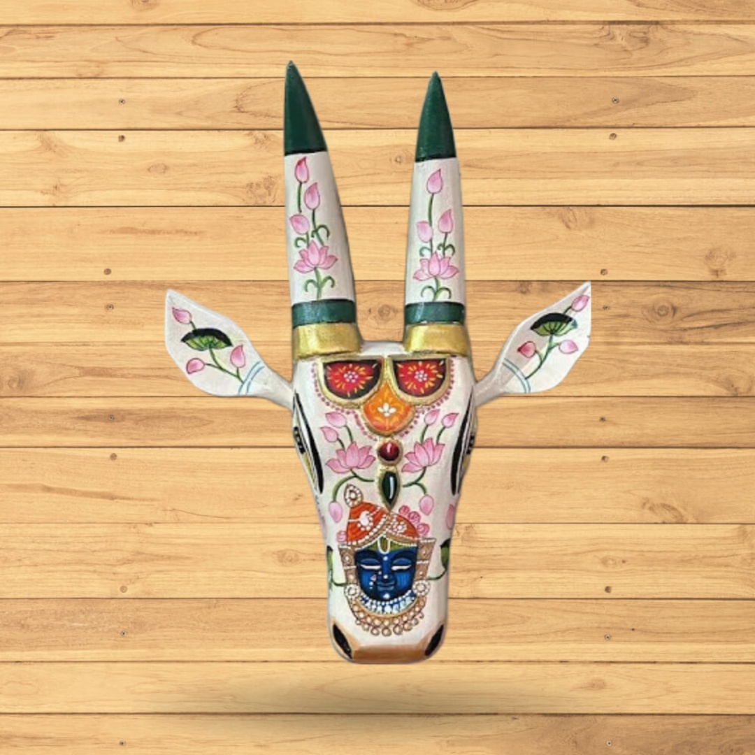 Wooden Cow Face Hand Painted Wall Panel White Color
