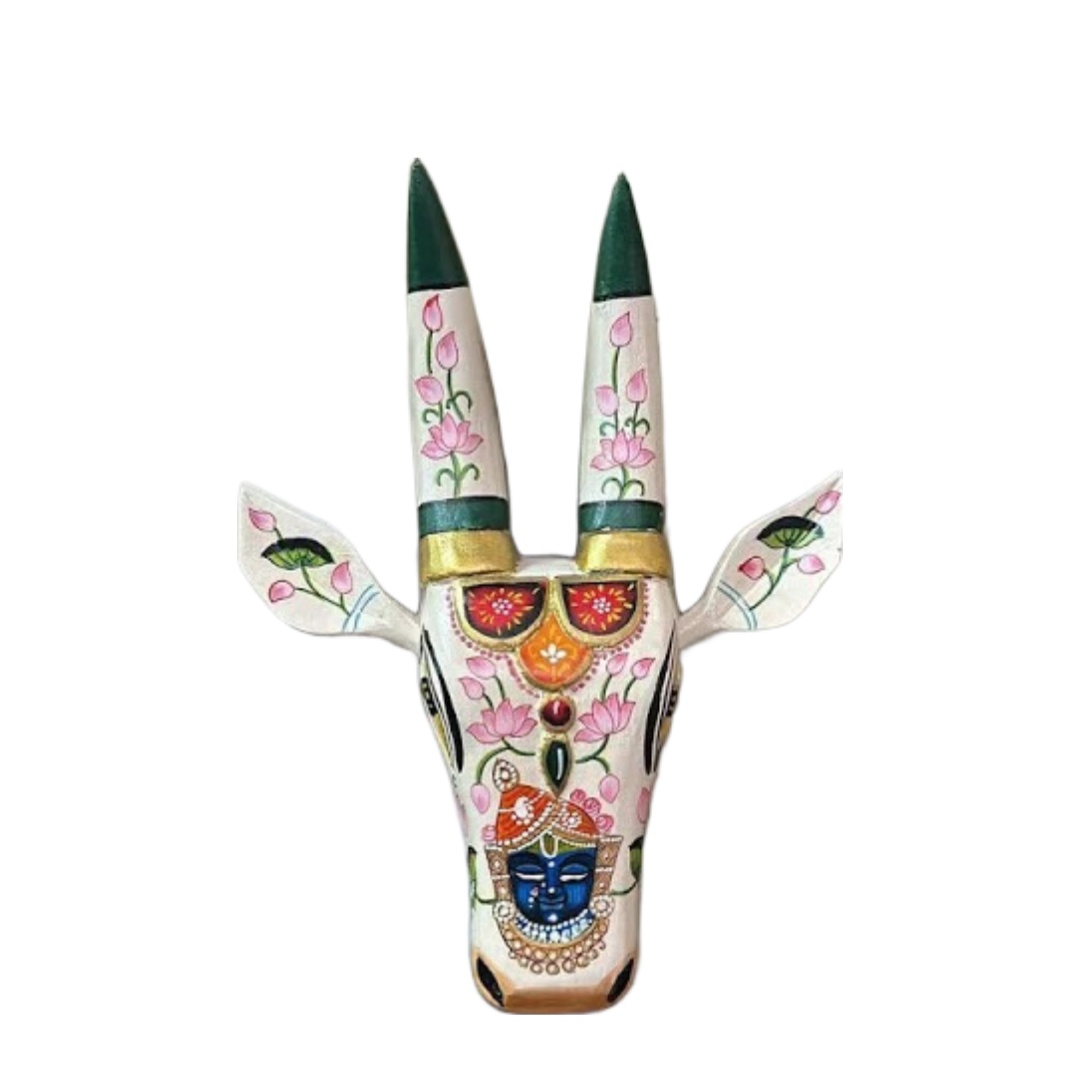 Wooden Cow Face Hand Painted Wall Panel White Color