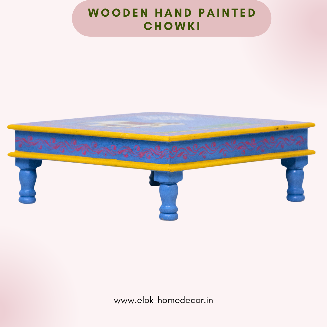 Hand painted cow & calf pichwai art sky blue color chowki / Bajot