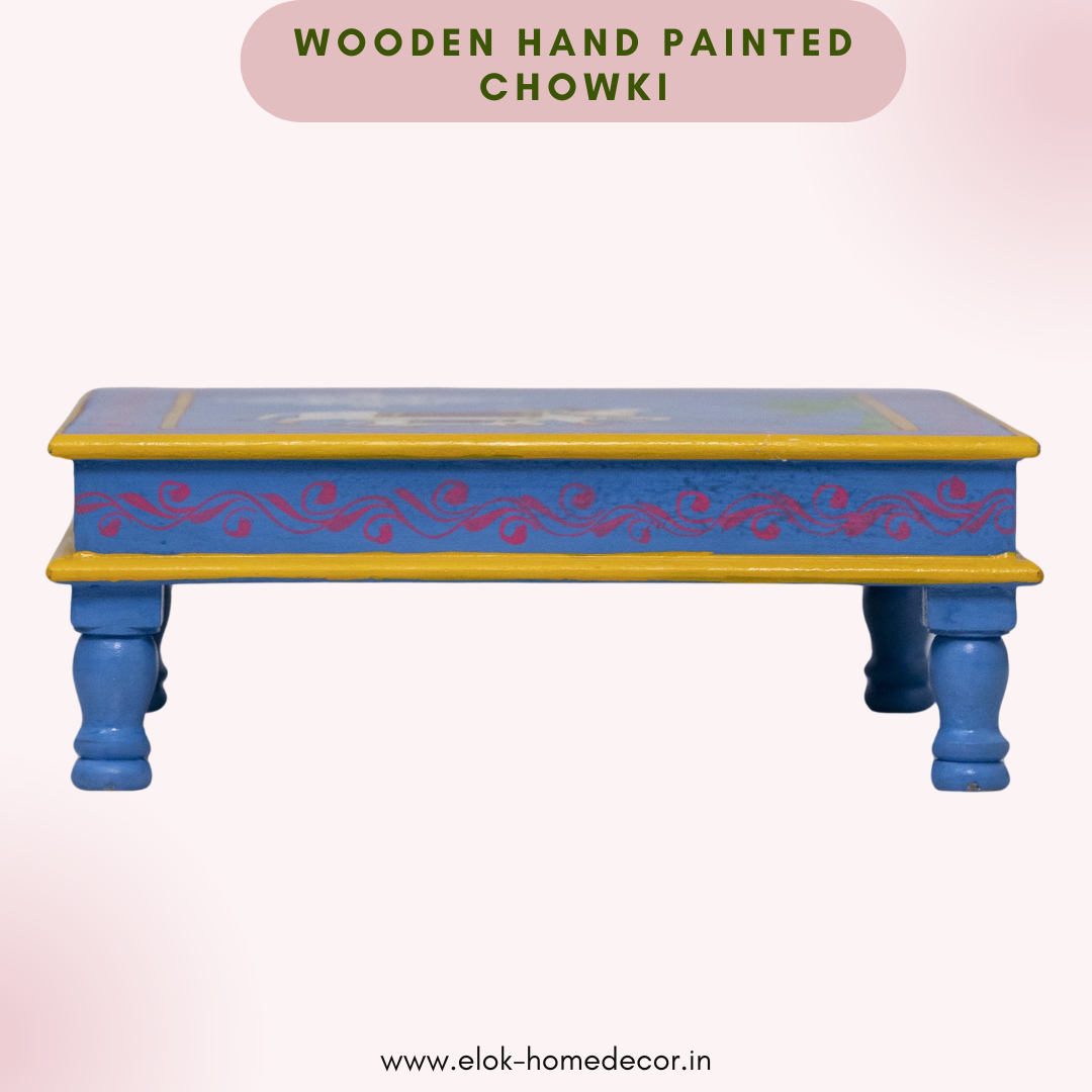 Hand painted cow & calf pichwai art sky blue color chowki / Bajot